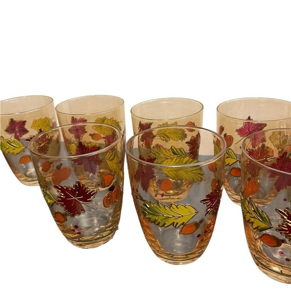 Anthropologie 3D Juice Glasses Pumpkin Fall Leaf Design Set of 8
